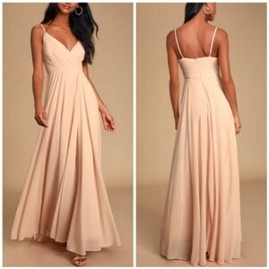 Lulu's All About Love Blush Pink V Neck Pleated Wedding Bridesmaid Maxi Dress